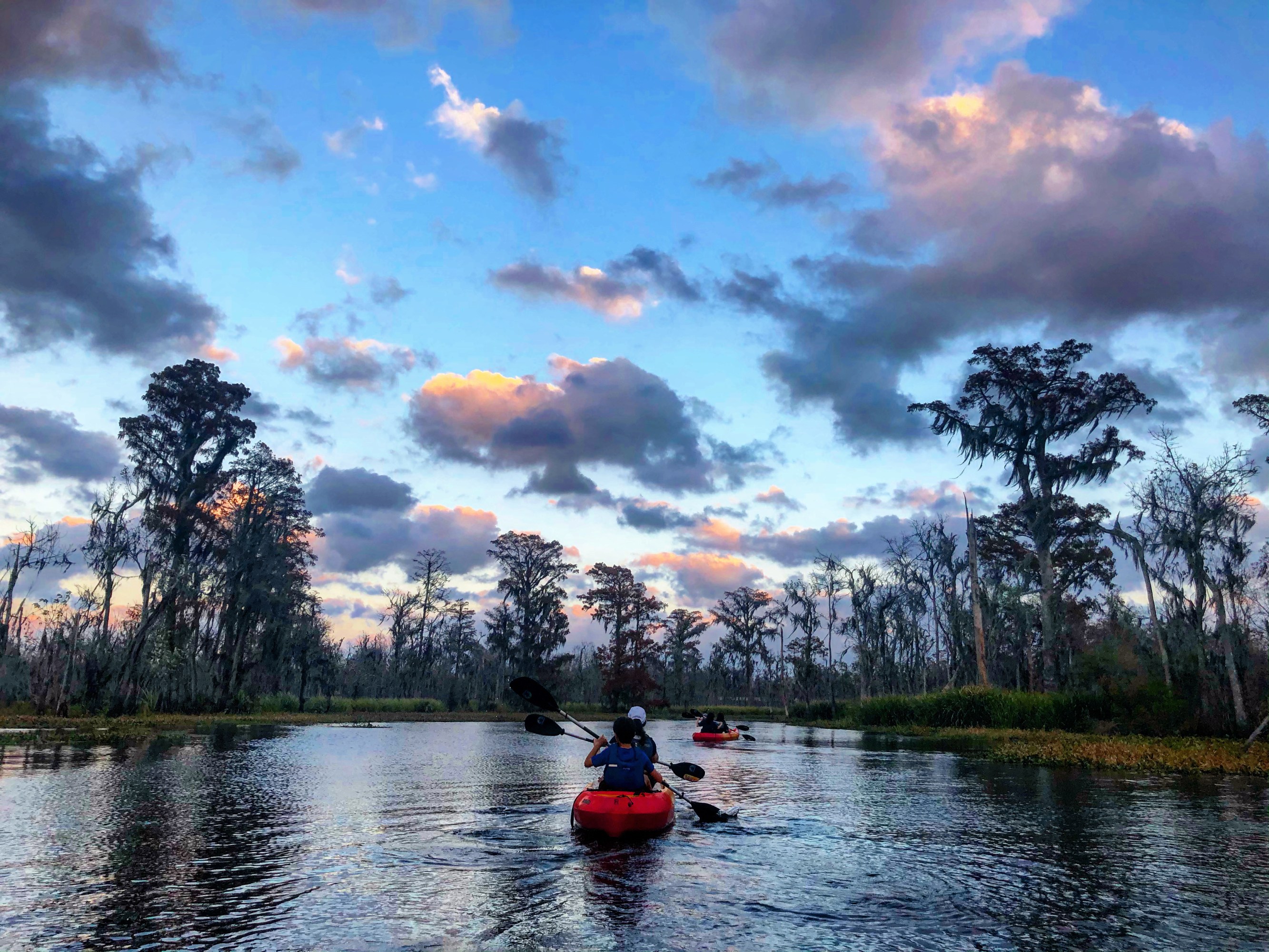 Kayakers paddling toward a pink sunset across an open Louisiana swamp channel